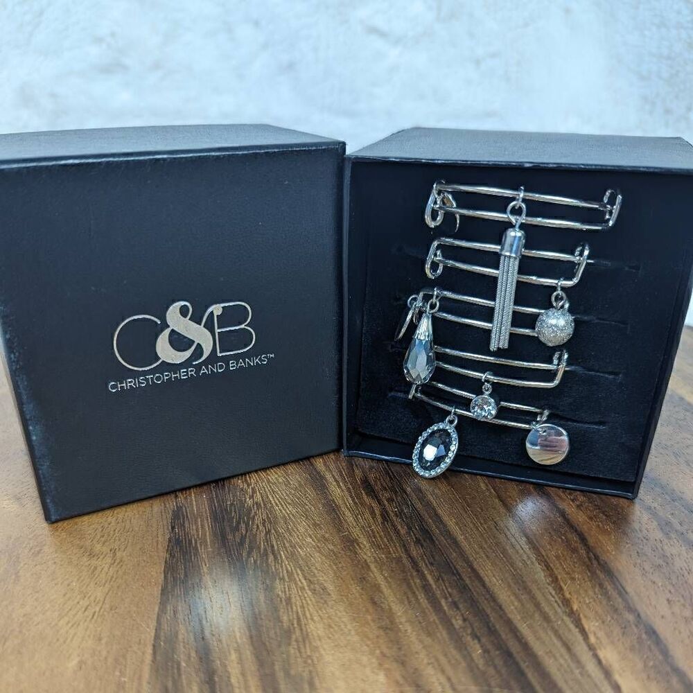 C&B "Christopher & Banks" Silver Set of Bangle Bracelets Charm 5 Total